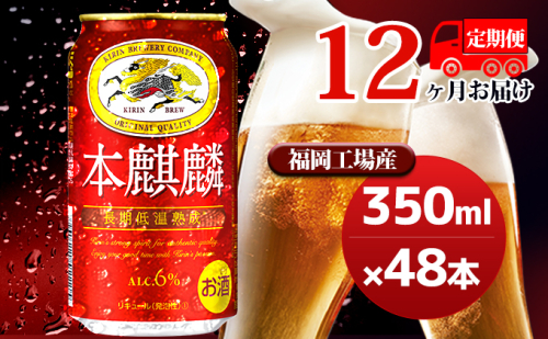 【定期便12回】キリン本麒麟 350ml（48本）24本×2ケース 福岡工場産 ビール キリンビール お酒 アルコール飲料 お届け 晩酌 長期 低温 熟成 雑味なし 調和のある味わい 飲み会 家飲み 宅飲み