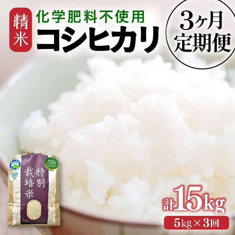 【先行予約】【令和8年産】定期便 ≪3ヶ月連続お届け≫ 化学肥料不使用 特別栽培米 コシヒカリ 精米 5kg × 3回（合計15kg） / 白米 米 福井県あわら市産 美味しい 特別栽培米 減農薬 安心な米 旨味 甘み もっちり 冷蔵保管米 ※2026年10月上旬以降発送予定 [aw010-c034]