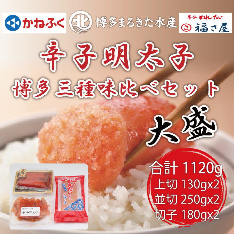
            【ふるさと納税】辛子明太子 博多三種味くらべセット大盛 1120g(かねふく大粒明太子130g×２、まるきた水産大粒明太子250g×２、福さ屋 大粒明太子180g×２) [a7542] 藤井乾物店 ※配送不可：離島【返礼品】添田町 ふるさと納税
          