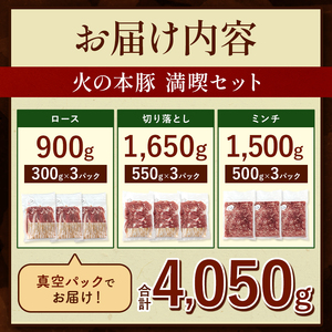 【定期便3回】火の本豚 満喫セット（ロース、切り落とし、ミンチ） 4050g | 熊本県 和水町 くまもと なごみまち 豚肉 肉 ロース 豚ロース 300g 切り落とし ウデモモ 550g ミンチ 5