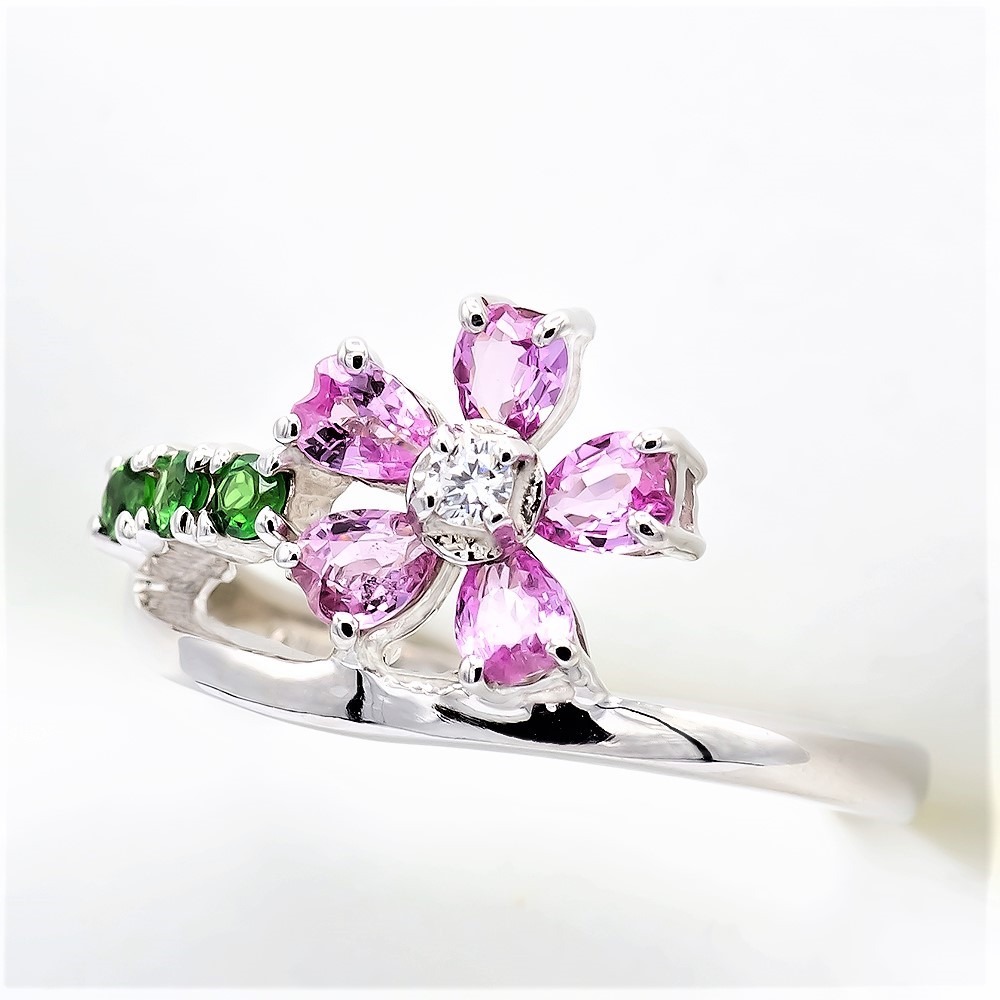 ピンク サファイヤ 桜モチーフ リング 0.70ct Pt900 (13523) 指輪 リング サファイヤ ピンクサファイヤ プラチナ Pt900 グリーンガーネット ダイヤモンド ジュエリー アクセサリー 山梨県 甲斐市 BR-89