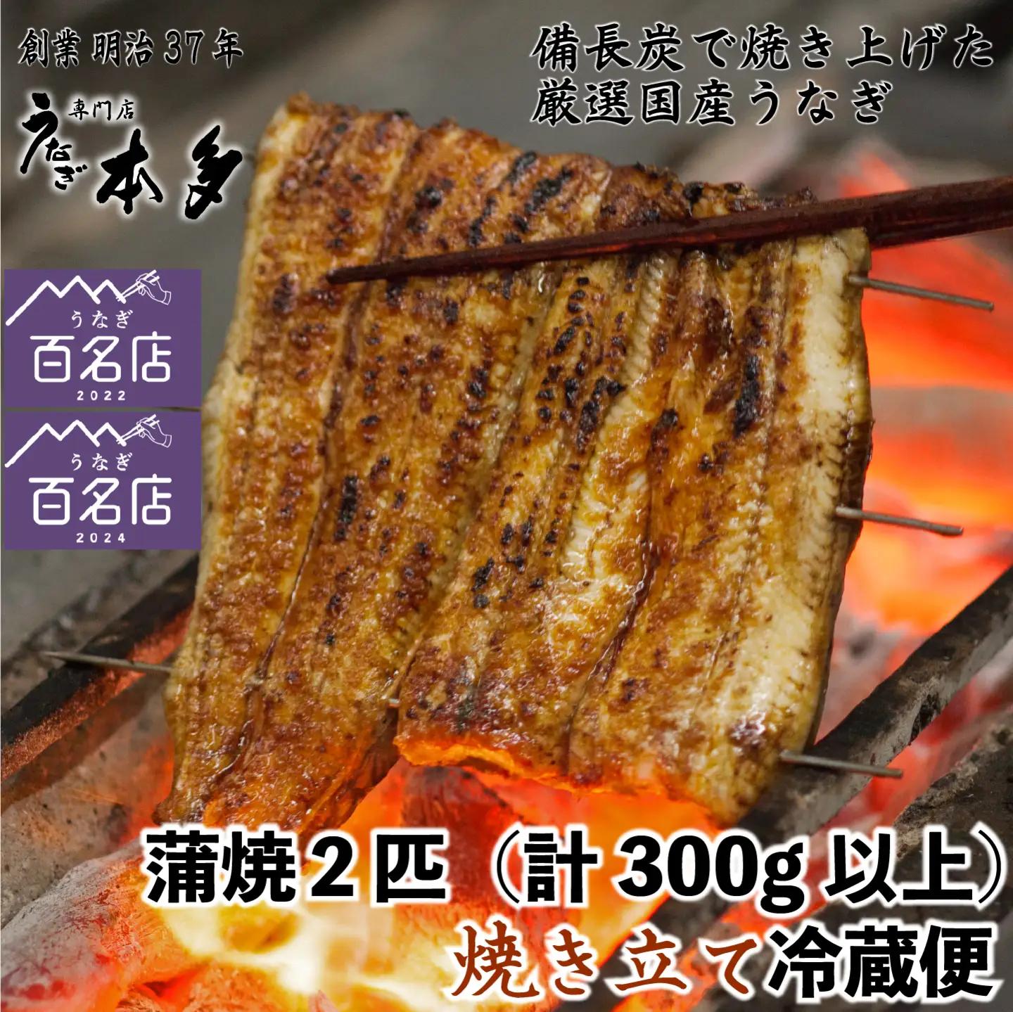 【冷蔵】国産 鰻 蒲焼《2尾》 300g以上 タレ・うなぎのミニおつまみ付 〜明治37年創業「本多」〜 | 国産 ウナギ 蒲焼 炭火焼 おつまみ タレ 秘伝 （Ab-013-2）
