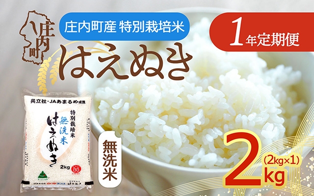 
                  【定期便】【令和7年産/8年産】はえぬき 無洗米 2kg×1年間 毎月お届け 特別栽培米 山形県庄内町産 庄内米 ブランド米 米 コシヒカリの原点、亀の尾発祥の地 お米の定期便 甘み 粘り バランスの良い ごはん お弁当 家庭用【毎月中旬発送】
                