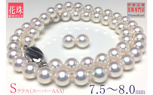 真珠 ネックレス イヤリング セット K14 シルバー パール 7.5ミリ ～ 8ミリ あこや アクセサリー ジュエリー 冠婚葬祭 結婚式 葬式 入学式 誕生日 プレゼント アコヤ真珠 / 老舗の真珠専門店・ 花珠 鑑別書付きアコヤ真珠 ネックレス・イヤリングセット7.5～8.0 ミリ
