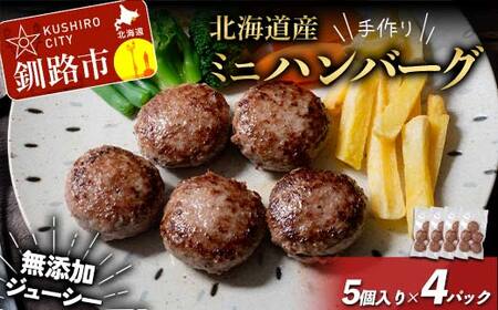 北海道産手作り ミニハンバーグ5個入り×4パック 無添加 ハンバーグ 肉 牛肉 豚肉 おかず 弁当 F4F-8540