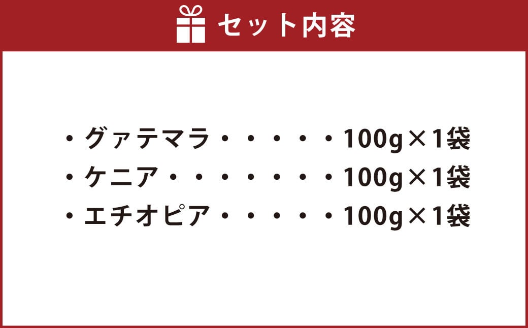 豆乃木オーナーおすすめコーヒー豆3種（グァテマラ、ケニア、エチオピア）セット