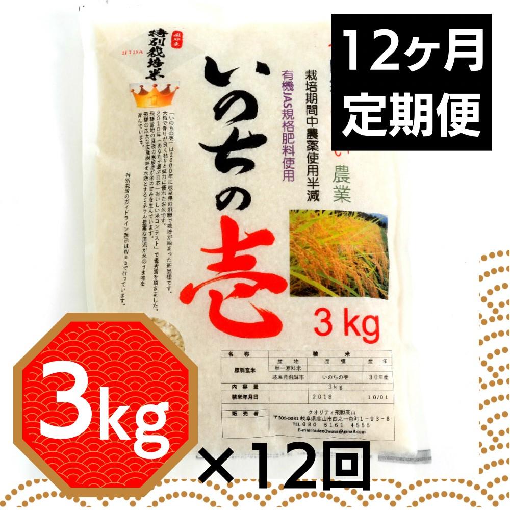【ふるさと納税】先行予約 令和8年産 米 定期便 36kg ( 3kg × 12ヶ月 ) お米 いのちの壱 岐阜 高山市 飛騨高山 岐阜県 白米 | 送料無料 精米 産直 産地直送 お取り寄せ 人気 お楽しみ おすすめ