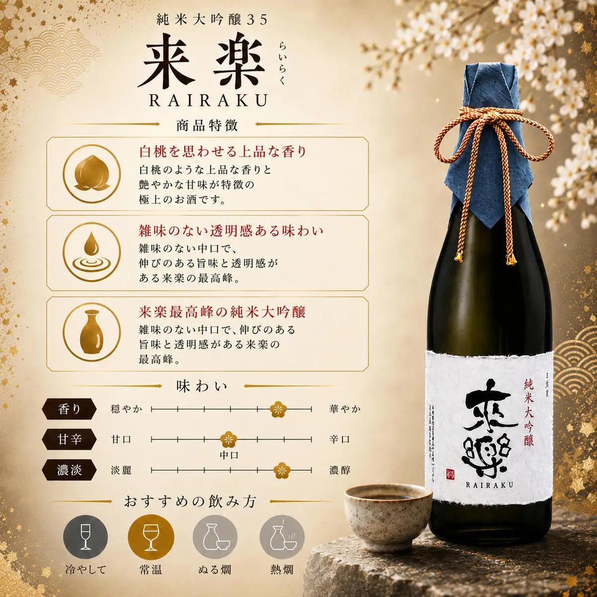 プレミアムな香りとキレ 茨木酒造「 来楽 純米大吟醸35 」 720ml × 2本　純米大吟醸 酒 お酒 日本酒 大吟醸 冷酒 アベリア酵母 兵庫県 明石市