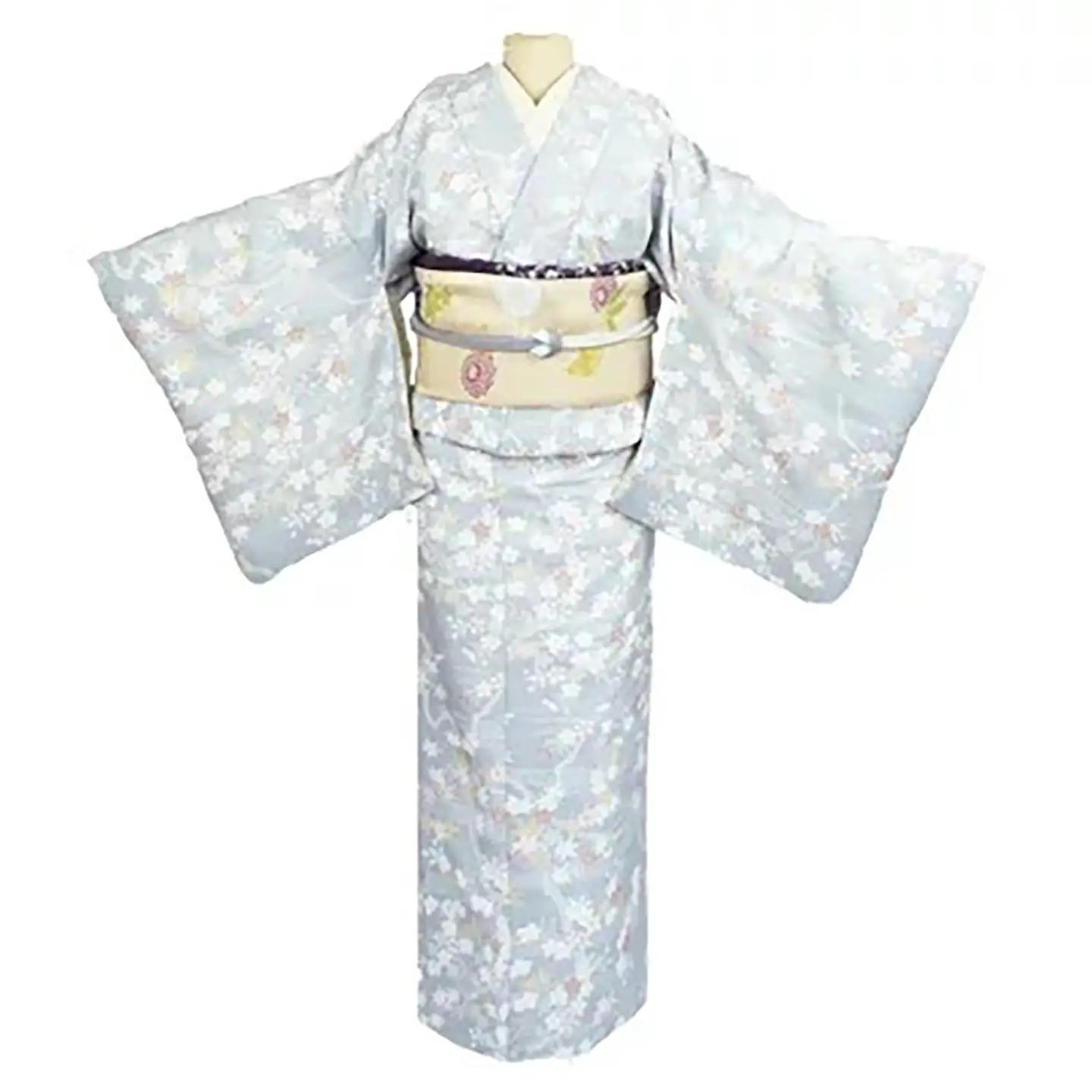 車いす用着物レンタル3日間＜小紋:水色 桜 紅葉柄 太鼓帯:黄色 草花文(草履付き)＞ 着物