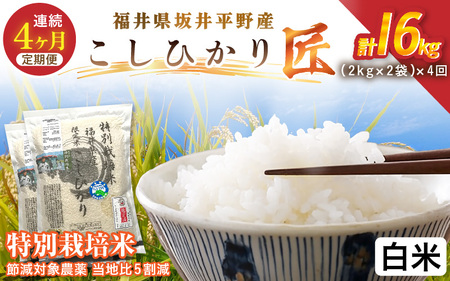 【4ヶ月連続お届け】令和7年産 特別栽培米 コシヒカリ匠 4kg（2kg×2袋）×4回 計16kg 節減対象農薬当地比5割減【白米】お米 コシヒカリ [G-2910_01]
