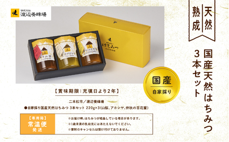 自家採り国産天然はちみつ 3本セット(220g×3)【渡辺養蜂場】