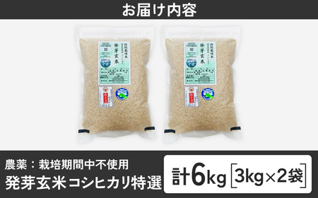 発芽玄米 無農薬コシヒカリ「特選」特別栽培米使用 3kg×2袋（計6kg）【米 こしひかり 玄米 ギャバ GABA 無農薬 特別栽培 食物繊維 栄養 真空パック ごはん ご飯 おいしい ふるさと納税米