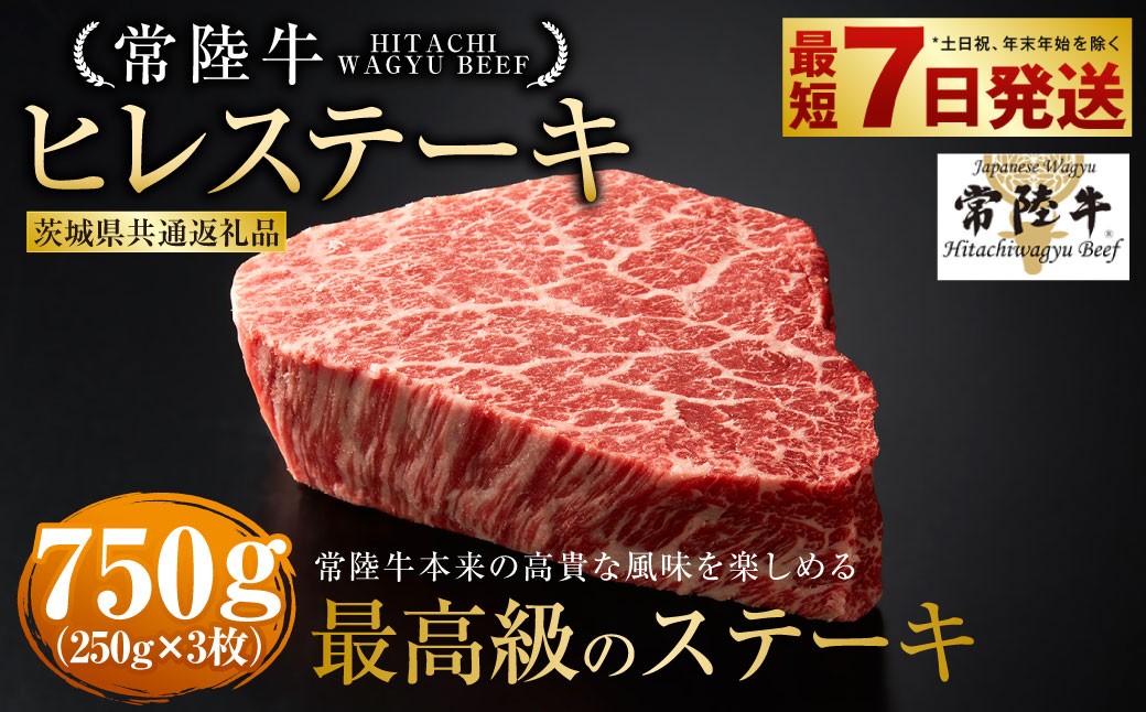 
                  【常陸牛】ヒレステーキ250g×3枚 （茨城県共通返礼品）| 750g A4ランク以上 お肉 牛肉 ヒレ肉 ヒレ フィレ 希少 冷凍 常陸 和牛 国産 茨城県 ステーキ 守谷市
                