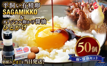 卵かけご飯 相性抜群！【醤油セット】《かながわブランド認定》平飼い有精卵「さがみっこ」50個+オリジナル卵かけしょうゆ「ひとかけ」1本　※離島への配送不可　ケージフリー　アニマルウェルフェア  AAランク 健康 ｜たまご