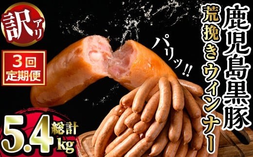 y569 ＜定期便・全3回＞《業務用・訳あり》鹿児島県産黒豚荒挽きウィンナー(総計5.4kg・900g×2P×3回) 国産 九州産 黒豚 豚肉 ウインナー ソーセージ フランクフルト 惣菜 おかず 弁当 BBQ キャンプ 冷凍 訳アリ【ナンチク】