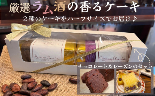 洋酒のケーキ ハーフサイズ2本セット（チョコレート×1・レーズン×1）（バーマンズ） チョコ ケーキ ラム 洋酒 とろける デザート 駄菓子 高級 ギフト お礼の品 クリスマス バレンタイン お中元 故郷納税 詰め合わせ お取り寄せ グルメ 奈良県 奈良市 なら  11-013