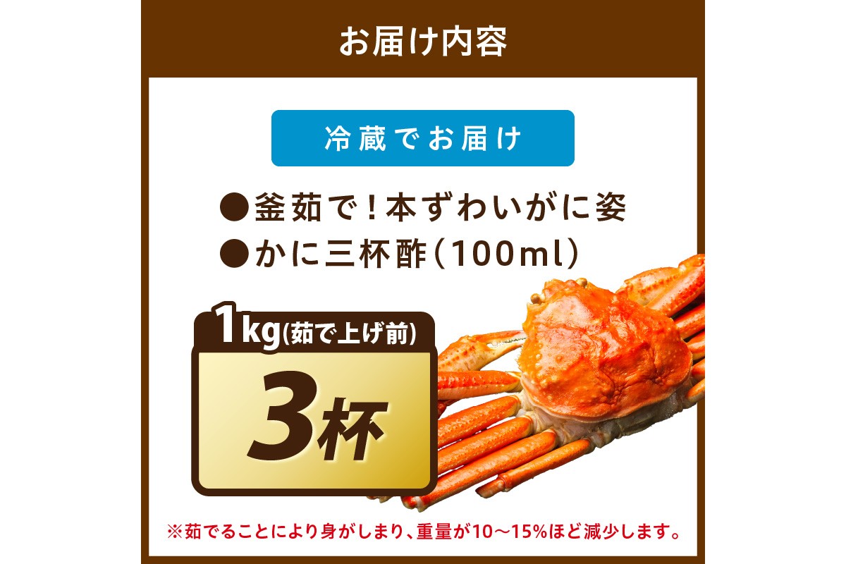 【大好評！カニ酢付き】訳あり！釜茹で！特大本ずわいがに姿 1kg×3杯 魚介 海鮮 海の幸 釜茹で ボイル ふるさと納税 カニ 訳あり ふるさと納税 ズワイガニ　YK00486
