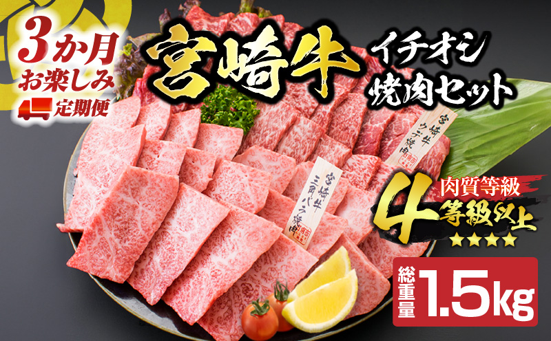 【令和8年4月から毎月配送】3か月定期便 月替わりで堪能!! 宮崎牛 イチオシ 焼肉 セット お楽しみ 定期便 総重量1.5kg ブランド牛 牛肉 黒毛和牛 国産 霜降り 赤身 人気 おすすめ 高級 ギフト プレゼント 贈り物 ミヤチク 配送月が選べる 宮崎県 日南市 送料無料_GE10-25-C