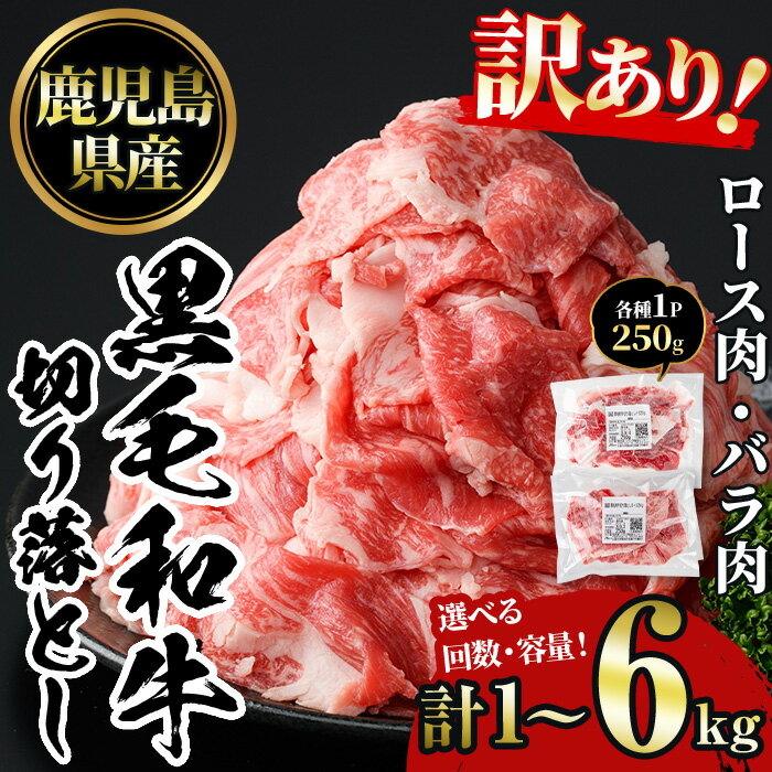 【ふるさと納税】＜選べる容量と配送回数＞訳あり！鹿児島黒毛和牛ロース・バラ切り落とし(計1～6kg) 鹿児島県産 牛肉 黒毛和牛 和牛 ロース 肩ロース バラ バラ肉 冷凍 定期便 切り落し 切落し 頒布会 肉じゃが カレー 牛丼 おかず お弁当 小分け 詰め合わせ【NBフード】