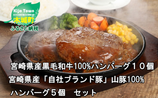 
宮崎県産黒毛和牛100%ハンバーグ１０個
宮崎県産「自社ブランド豚」山豚100%ハンバーグ５個　セット＞ K16_0041_1
