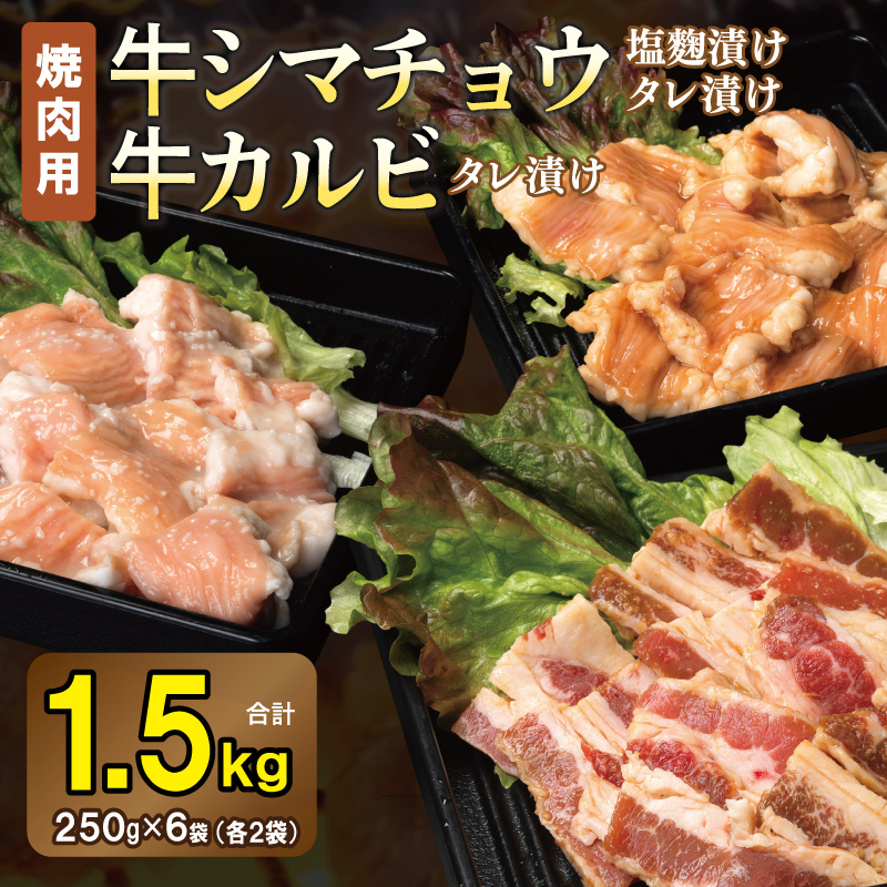 牛シマチョウ（タレ漬け+塩麹）＆タレ漬け牛カルビの焼肉セット  合計1.5Kg（1袋250ｇ×各2袋） 【味付け 小分け 焼くだけ 簡単調理 BBQ 牛肉 ホルモン 250g×6袋】 G3352