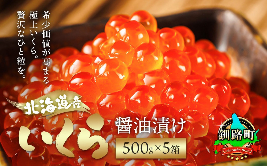 いくら醤油漬け 500g ×5箱 配送日時指定可 ｜北海道産 国産 いくら いくら醤油漬 イクラ 天然 鮭 サーモン 鮭卵 鮭いくら お徳用 大容量 サイズ お手軽 簡単 冷凍 高級 絶品 釧之助本店 配送時期が選べる 配送 指定 配送日 選べる 北海道 釧路町 釧路超 特産品　121-1928-02-201