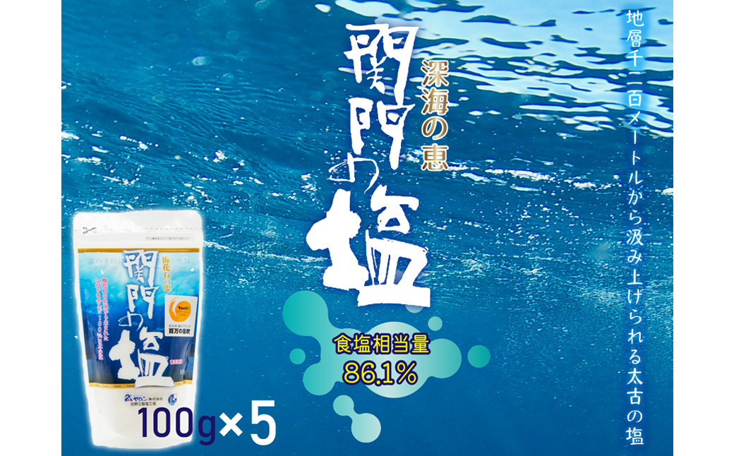 
深海の恵み 関門の塩 合計500g (100g×5袋) ミネラル 塩 調味料 塩分濃度86.1％ カルシウム マグネシウム カリウム しお 少量 小分け
