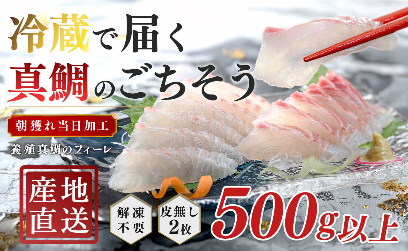 朝獲れ 真鯛 フィーレ 皮なし 500g以上 刺身 冷蔵 養殖 たい タイ マダイ セット 真空パック 産地直送 当日発送 鮮度抜群 鯛めし 鯛丼 海鮮丼 カルパッチョ お取り寄せ ギフト 贈答 はや