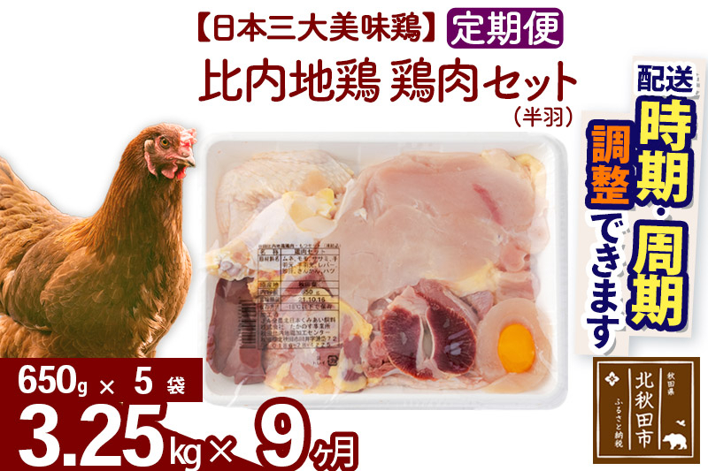 
            《定期便9ヶ月》 比内地鶏 鶏肉セット（半羽） 3.25kg（650g×5袋）×9回 計29.25kg 時期選べる お届け周期調整可能 9か月 9ヵ月 9カ月 9ケ月 29.25キロ 国産 冷凍 鶏肉 鳥肉 とり肉
          