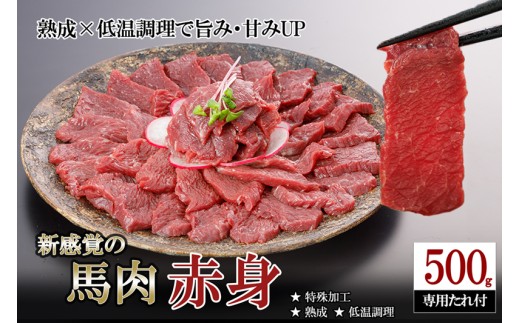 【令和7年11月出荷分】レビューキャンペーン 対象品 馬肉 赤身 500g 特許製法 氷温熟成 低温調理 加熱済 馬赤身 赤身肉 新感覚 焼いたらもっと美味しい 旨みたっぷり 小分け 専用醤油 タレ付 真空パック 熊本 阿蘇 小国町