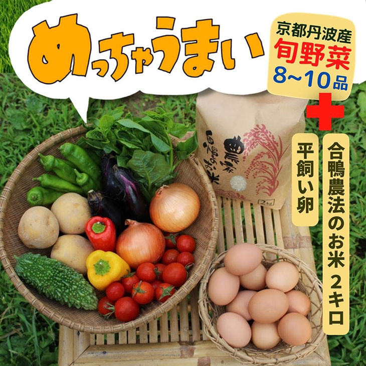 
＜３６９商店＞京都丹波産旬の野菜セットスペシャル！ 有機栽培米キヌヒカリ2kgと平飼い卵10個入り　※全て栽培期間中農薬・化学肥料不使用
