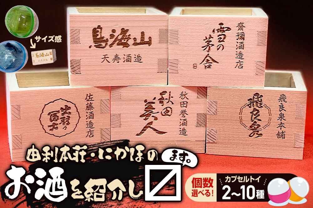 
                  カプセルトイ【選べる 2種セット／5種セット／10種セット（5種＋プレミア5種セット）秋田県 由利本荘・にかほのお酒を紹介し枡 [ミニ酒枡 カプセルトイ 観賞用枡 小物入れ インテリア レーザー彫刻 酒蔵ロゴ タカハシ印店]
                