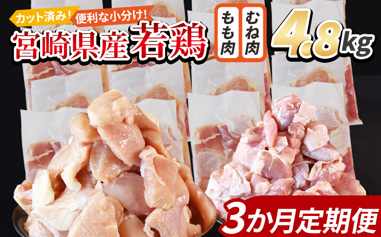 ＜宮崎県産若鶏切身 4.8kg（むね肉 300g×8袋 もも肉 300g×8袋）3か月定期便＞ 3か月以内に初回発送【 セット 詰め合わせ からあげ 唐揚げ カレー シチュー BBQ 煮物 チキン南蛮