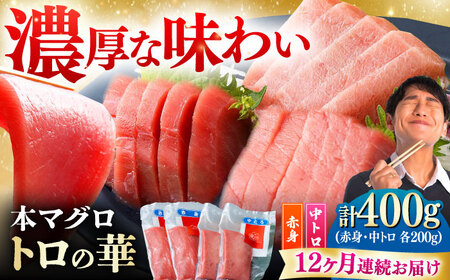 【全12回定期便】対馬産 本マグロ 400g（赤身200g、中トロ200g） ≪対馬市≫【桐谷商店】 トロの華 対馬 新鮮 マグロ 赤身 トロ 鮪 刺身[WAQ066]
