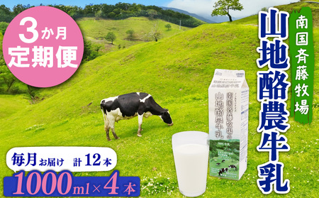 【3か月定期便】山地酪農牛乳1L×4本 バターができる ミルク 低温殺菌 生乳100％ 成分無調整 牛乳 高知県 南国市