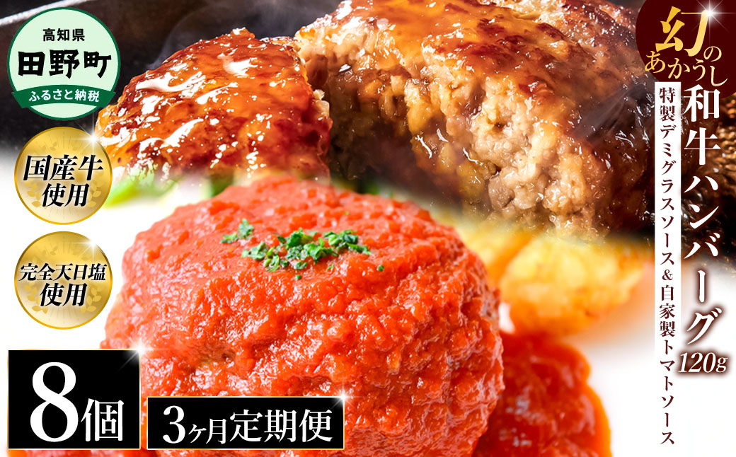 幻のあかうし和牛ハンバーグ 8個入り 3ヶ月定期便 1個120g 特製デミソース トマトソース付き 田野屋青蜂 白鯆 完全天日塩練り込み 肉 お肉 国産牛 おかず おいしい お取り寄せ 冷凍 配送 高知県 田野町