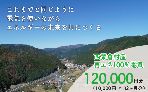 
電気料金 （10,000円✕12ヶ月分） 百森でんき CO2フリー 地域電力 お礼の電気 脱炭素 ゼロカーボン 岡山県 西粟倉村 【まずは寄付のお申し込みを！】e-vv-A07D
