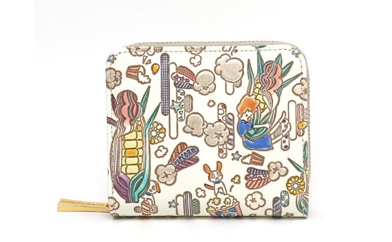 【文庫屋大関】二つ折りファスナーミニ財布 恋するもろこしガール【皮革工芸品】財布 二つ折り 小物 お札 カード 小銭 コンパクト 牛革 手作り 日本製 墨田区 東京都