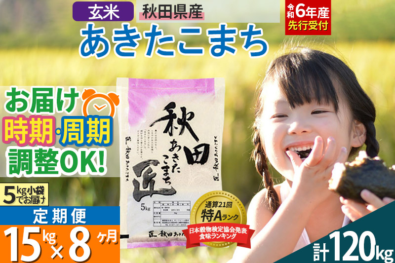 
【玄米】＜令和6年産 予約＞ 《定期便8ヶ月》秋田県産 あきたこまち 15kg (5kg×3袋)×8回 15キロ お米【選べるお届け時期】【お届け周期調整 隔月お届けも可】
