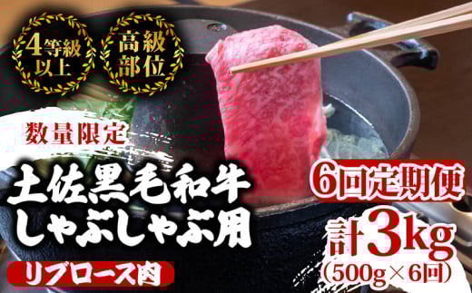 【定期便6回】土佐 黒毛 和牛  しゃぶしゃぶ用 計3kg（500g×6ヶ月連続お届け)3Yコース| 特撰 リブロース肉 最上位等級 A4 A5 最高ランク 贅沢 しゃぶしゃぶ 鍋 スライス 焼肉用 小分け 冷凍 国産 牛肉 高知県 須崎 TM79000