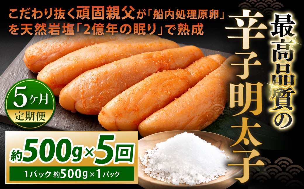 
            【5カ月定期便】 こだわり抜く頑固親父が「船内処理原卵」を天然岩塩「2億年の眠り」で熟成させた最高品質の辛子明太子 1パック 約500g×5回 計約2.5kg 辛子明太子 辛子めんたいこ 明太子
          