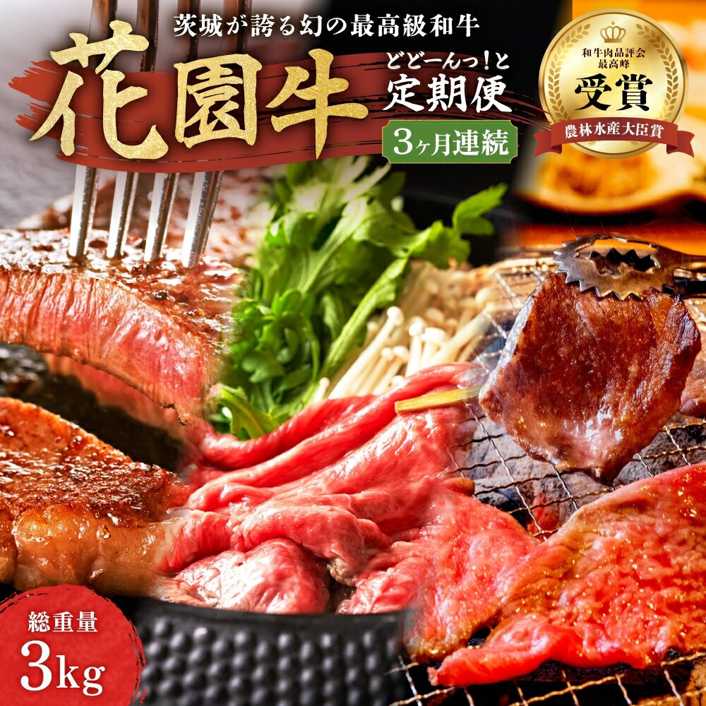 【ふるさと納税】【3ヶ月定期便】花園牛 総重量約3kg 全3回3種 和牛 3kg 黒毛和牛 国産 肉 高級 A4 A5 ブランド牛 霜降り 赤身 切り落とし ステーキ 焼肉 すき焼き しゃぶしゃぶ 冷凍 食べ比べ 定期便 農林水産大臣賞 茨城 常陸 高萩 送料無料