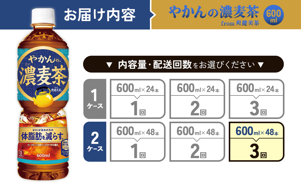 【3回定期便】やかんの濃麦茶 from 爽健美茶 600ml PET×24本（2ケース）合計144本【コカコーラ】 日本茶 お茶 麦茶 ペットボトル カフェインゼロ 常温 送料無料 こども 美容 むく