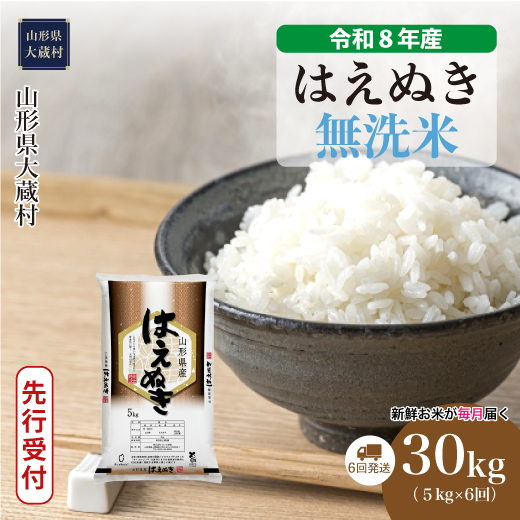 ＜令和8年産米先行受付＞  はえぬき 【無洗米】30kg定期便 (5kg×6回） 山形県大蔵村 配送時期指定できます！