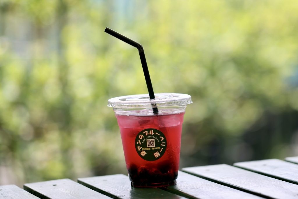 自家製ブルーベリー酢ソーダ付きです。ブルーベリー狩り後に園内テラス席でお召し上がり頂けます。