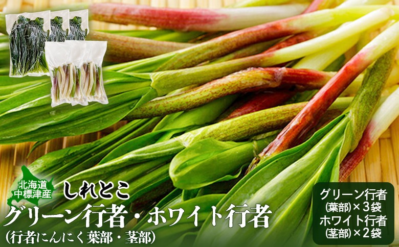 行者にんにく グリーン行者 葉部 3袋 ホワイト行者 茎部 2袋 計5袋 オンライン 申請 ふるさと納税 北海道 中標津 行者ニンニク 幻の山菜 山菜 山の幸 野菜 疲労回復 健康効果 長寿 体力増強 ダイエット 焼肉 炒め物 おかず 冷凍 中標津町【2001001】
