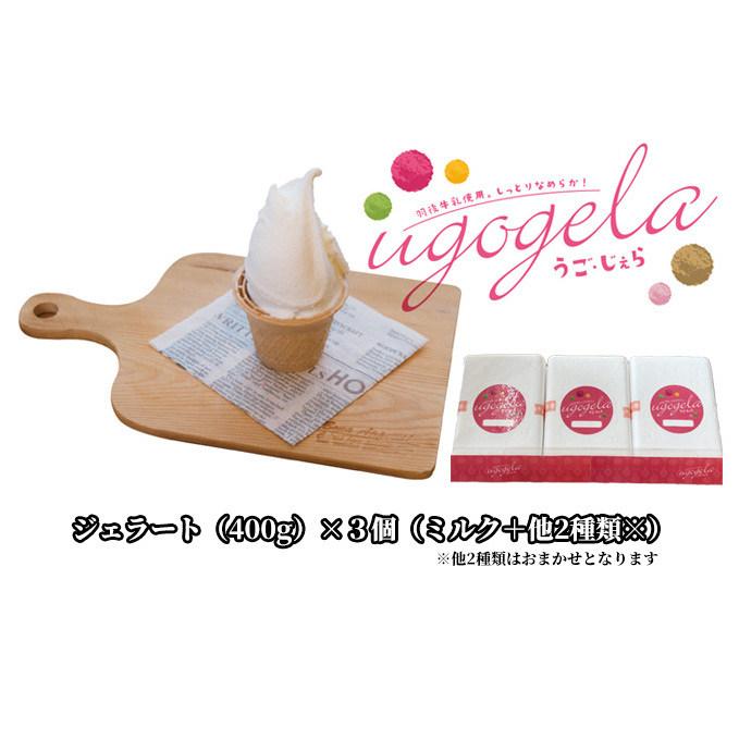 本格ジェラート 羽後町産生乳使用！「うご・じぇら」400g×3個セット（ミルク＋他2種類※おまかせ）〈株式会社おも・しぇ〉 スイーツ 冷たいスイーツ フレッシュミルク 濃厚 後味さっぱり 新鮮 とれたて食材 生産者直送 野菜 完熟果物 
