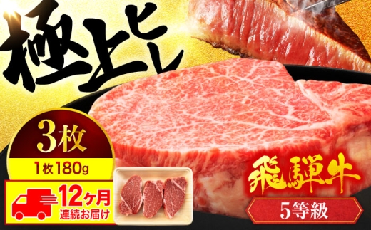 飛騨牛 【12回定期便】ヒレステーキ 180g×3枚 計540g 総計6.48kg【有限会社マルゴー】A5ランク  ヒレ 和牛 国産 [MBE045]