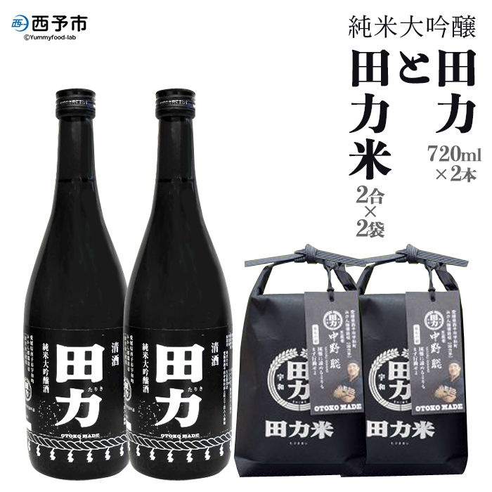 ＜純米大吟醸 田力（750ml×2本）と田力米（2合×2袋）セット＞ お酒 日本酒 お米 酒米 松山三井 にこまる 特産品 晩酌 お祝い 内祝い 家飲み 宅飲み 中辛口 元見屋酒店 愛媛県 西予市【冷蔵】『1か月以内に順次出荷予定』