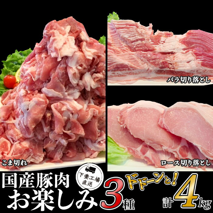 【ふるさと納税】肉 豚肉 国産 3種 4kg 小分け 250g×16パック 冷凍 真空 お楽しみ セット こま切れ ロース バラ 切り落とし 小間 コマ 便利 57-22国産豚肉お楽しみ3種セット4kg（250g×16パック/小分け真空包装）【下妻工場直送】マルリン